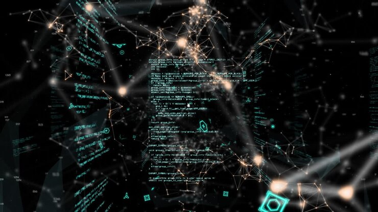 Animation of interface showing network of connected people icons and information on black