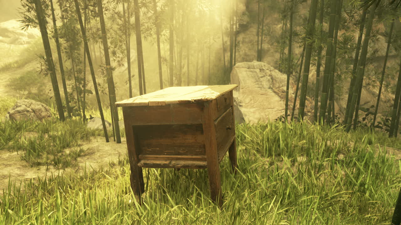 나무 상자 가 대나무 숲 에 앉아 있다