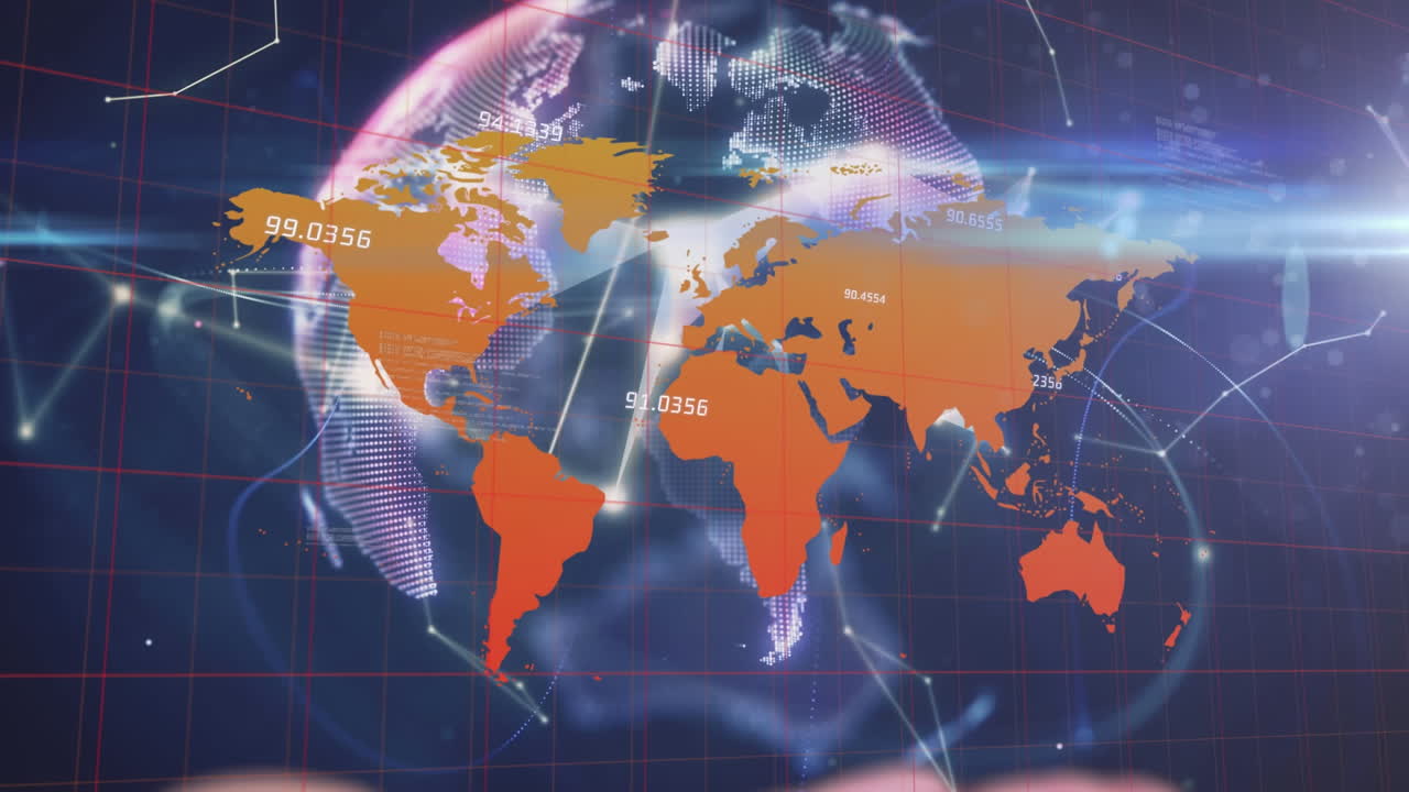 지구와 숫자에 지도를 형성하는 조명된 연결된 점의 애니메이션