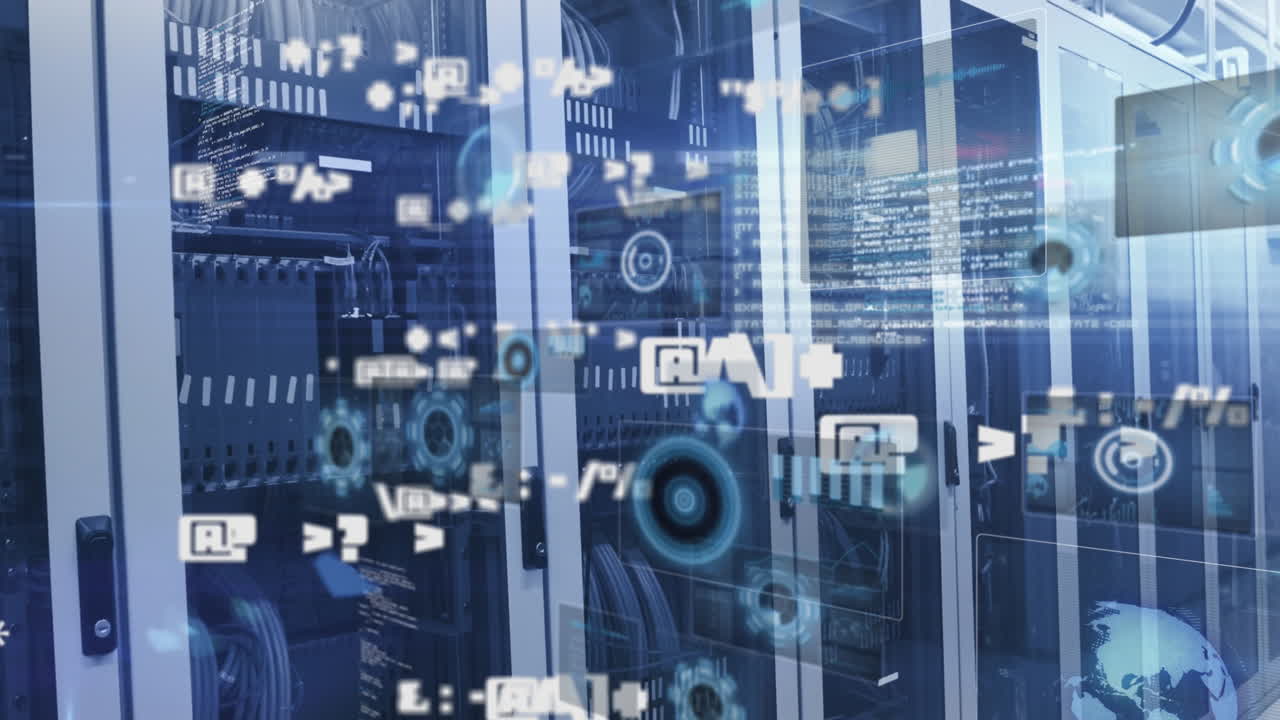 Animation of multiple symbols, radars, globes and computer language over server racks