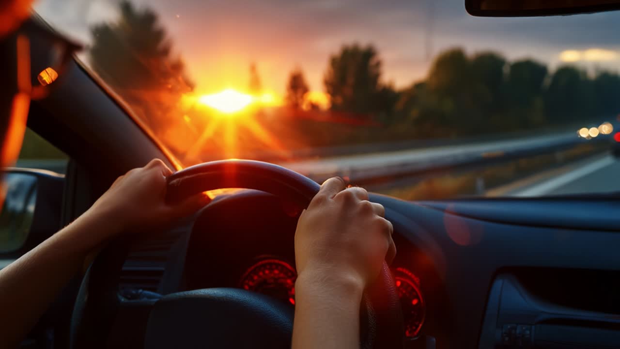 A Serene Evening Drive: Capturing the Beauty of the Sunset While Navigating the Open Road with Hands Firmly on the Steering Wheel, Surrounded by Nature's Tranquility and Colorful Skies