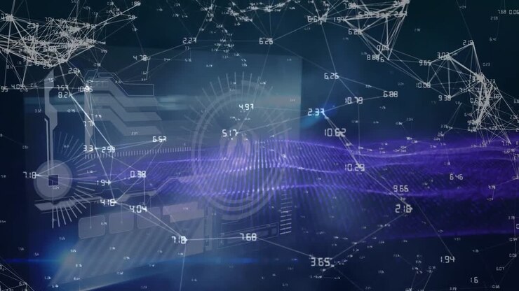 Animation of connections and diverse data on digital screen in navy space