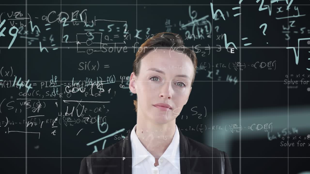 Animation of mathematical equations over caucasian businesswoman