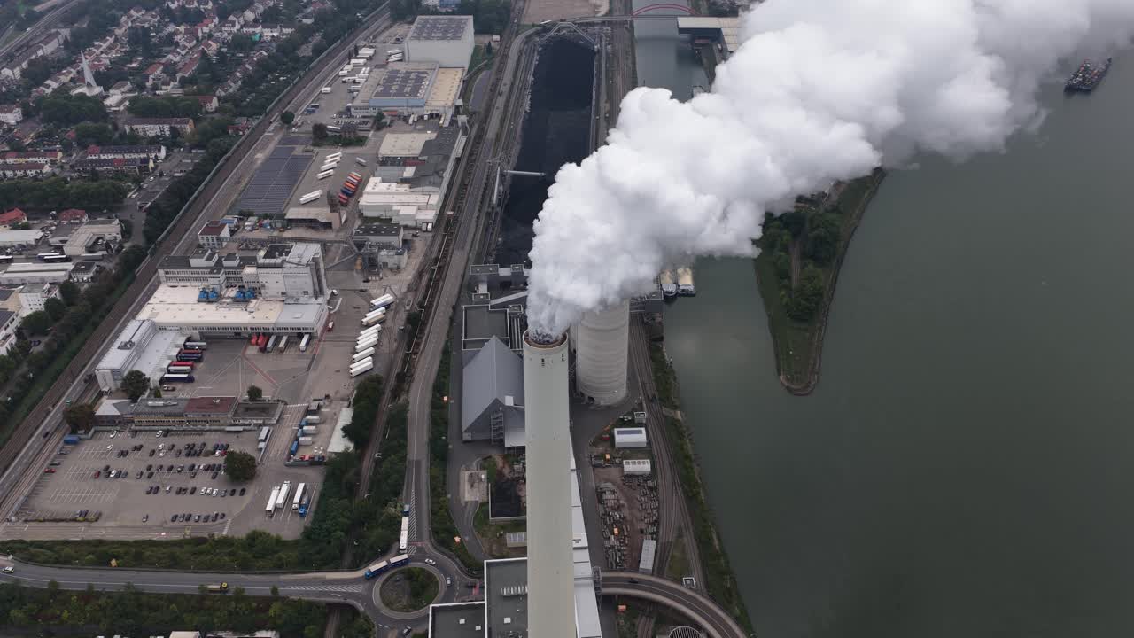 Power plant in Mannheim Germany. Smoking chimney, industrial facility. Aerial views