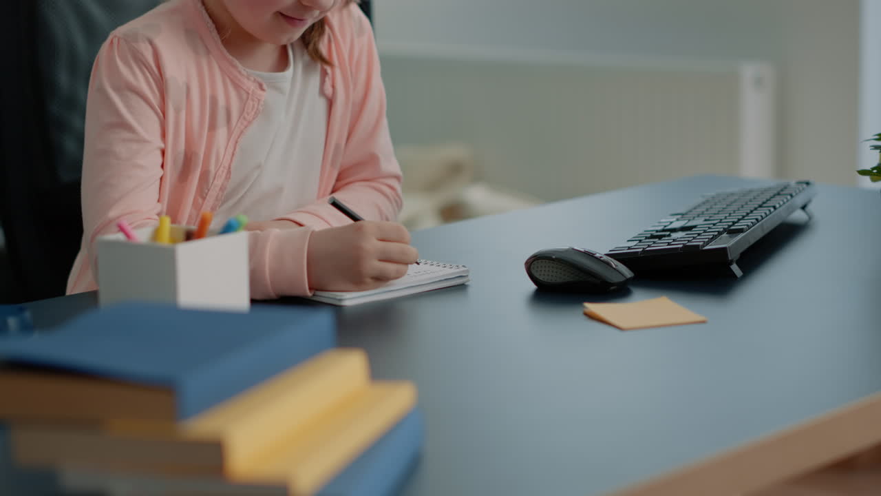 Portrait of schoolgirl using notebook and pen to write homework