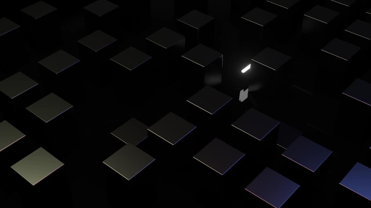 3D-render: Abstrakt animation af hvide lysspor i en minimalistisk sort kubisk tekstur. Loopbar video.