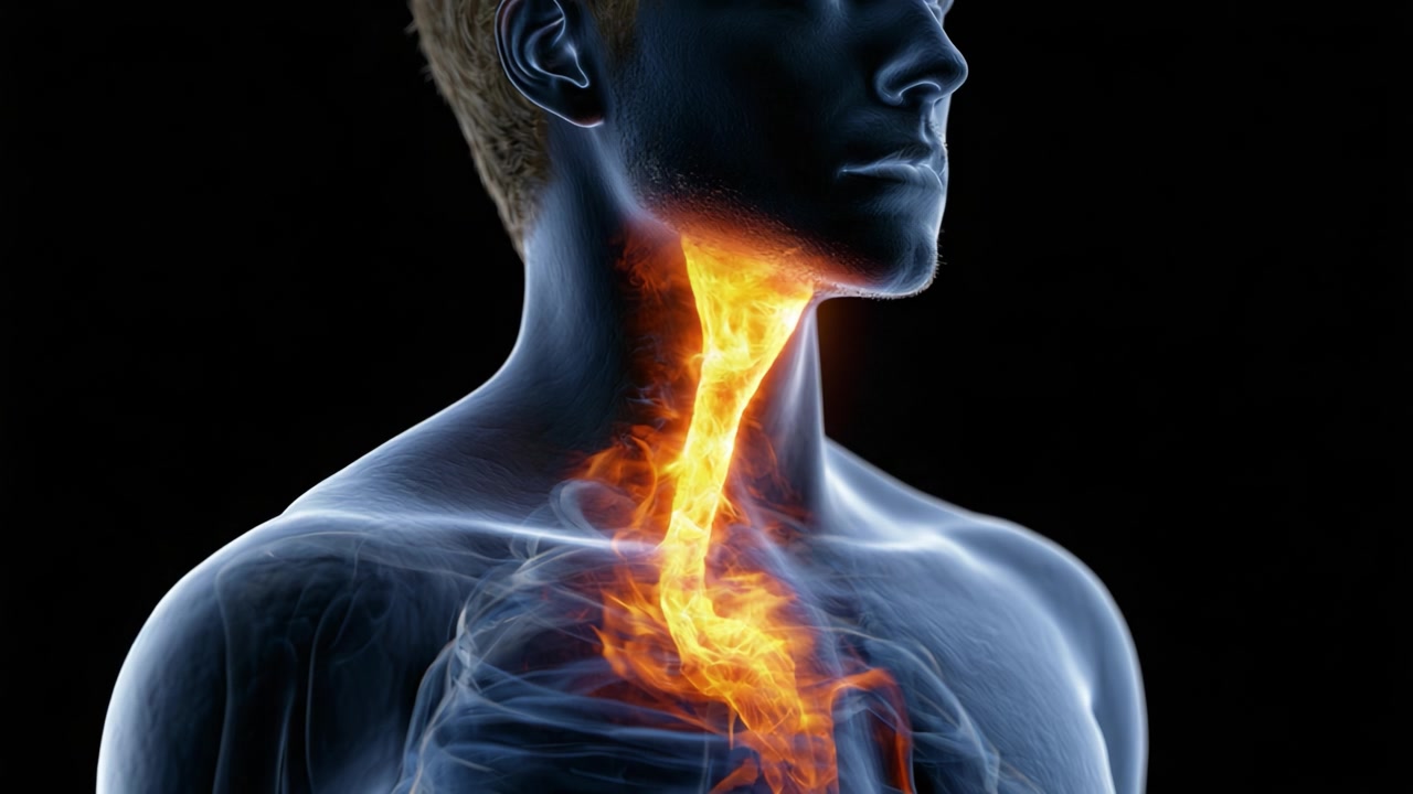 Analisi anatomica del sistema respiratorio umano che evidenzia l'esofago, la laringe e le strutture circostanti in una visualizzazione di luce eterea