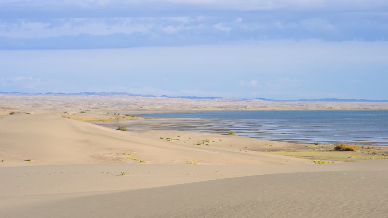 A scene of stunning natural contrast where the arid sand dunes of the Durgun Nuur desert meet the blue waters of a vast lake in remote Mongolia