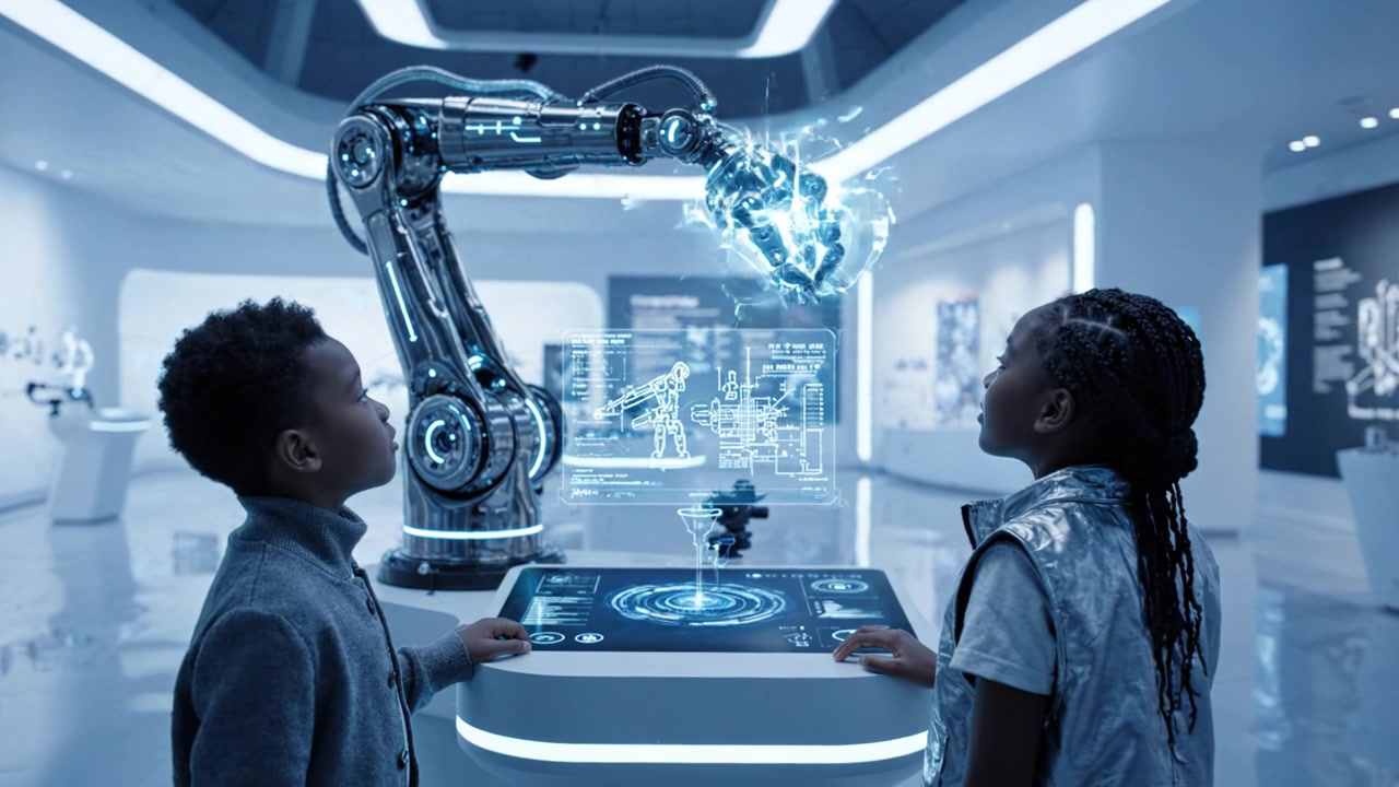 Children Interacting with Advanced Robotic Arm in Futuristic Technology Exhibit, Exploring Interactive Displays and Learning About Robotics Innovations