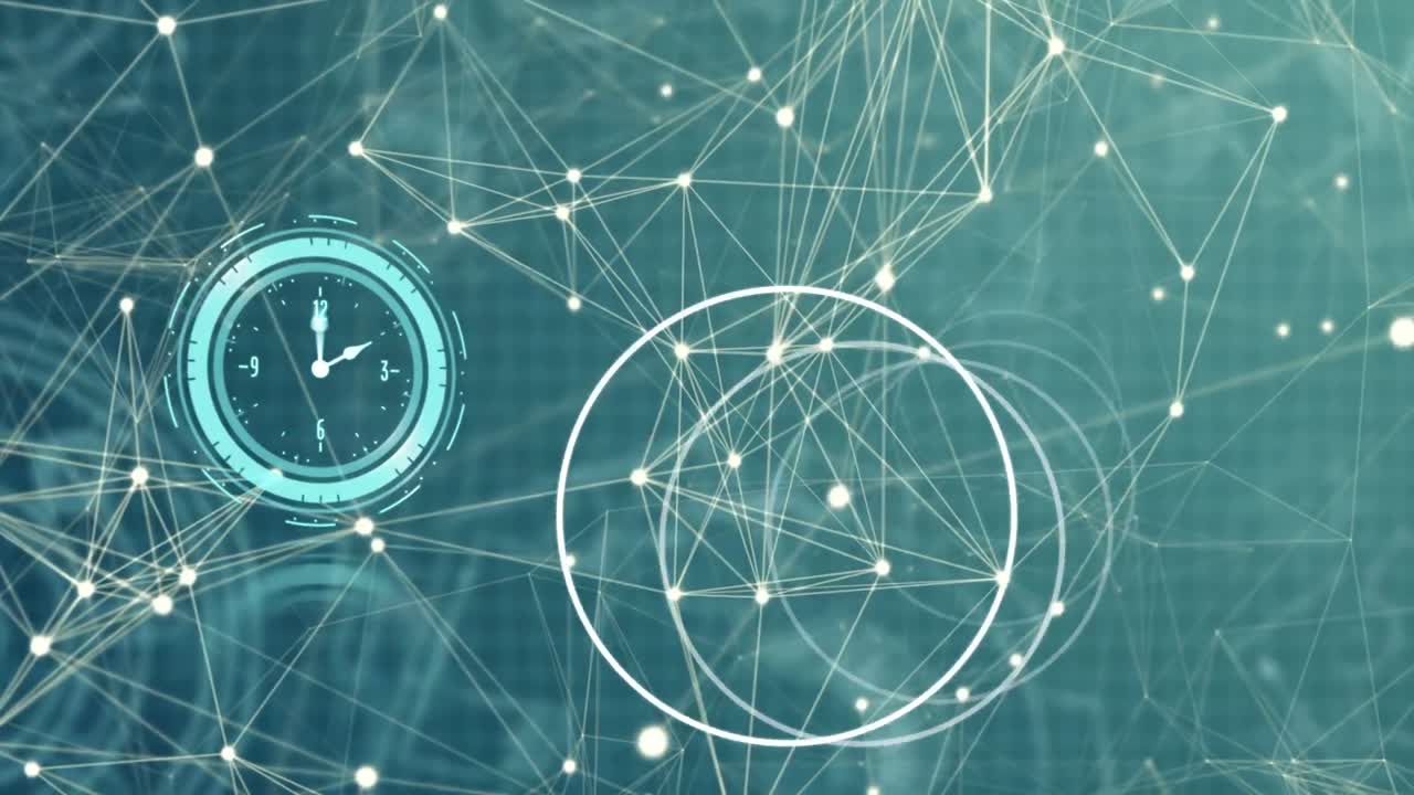 animación de reloj en movimiento y círculos giratorios sobre fondo azul con constelaciones