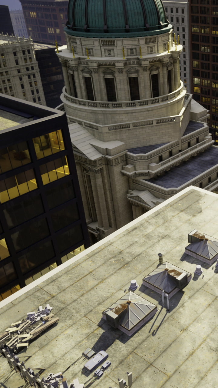 Urban rooftop scene showcasing architectural details and city life