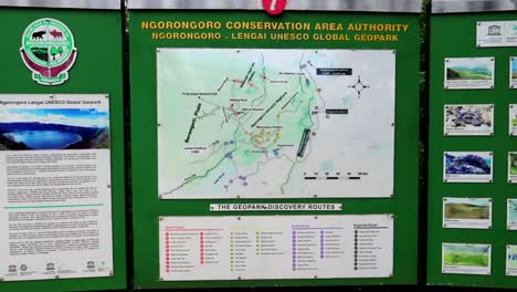 Green-information-sign-of-Ngorongoro-Conservation-Area,-Unesco-Geopark,-close-up