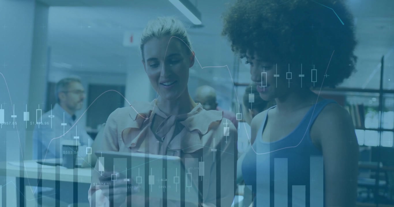 woman unlocking tablet and colleague reviewing animating finance charts for analysis