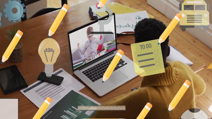 Animation of school icons over african american female teacher and schoolboy on laptop online lesson