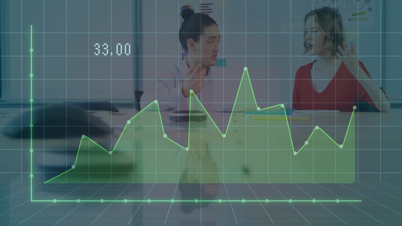 Colleagues discussing business in conference room, showcasing green line graph overlay above phone