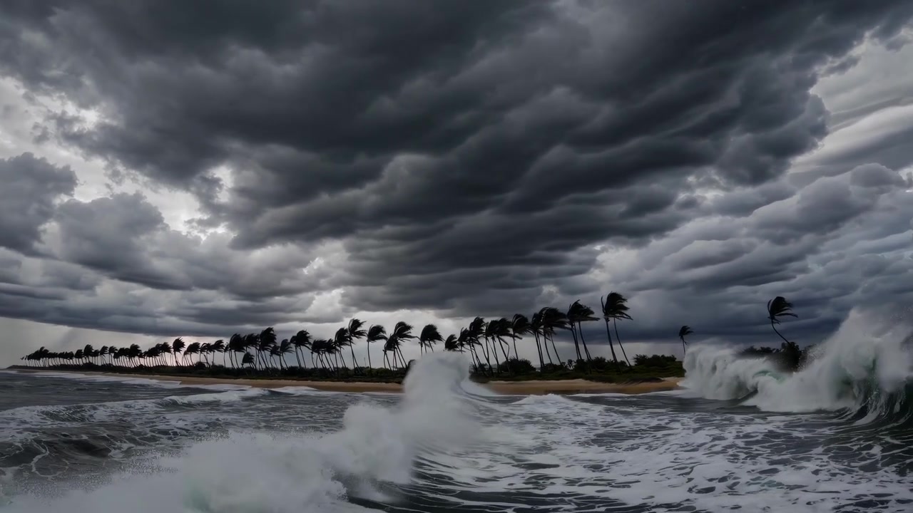 Stormfulde havbølger, der slår ind på tropisk strand med palmer