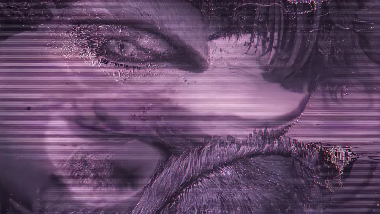 Looping male face shifting in studio closeup with purple scanlines, mustache for VHS