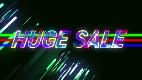 Animation-of-huge-sale-text-on-multicolored-lines-and-beams-over-black-background