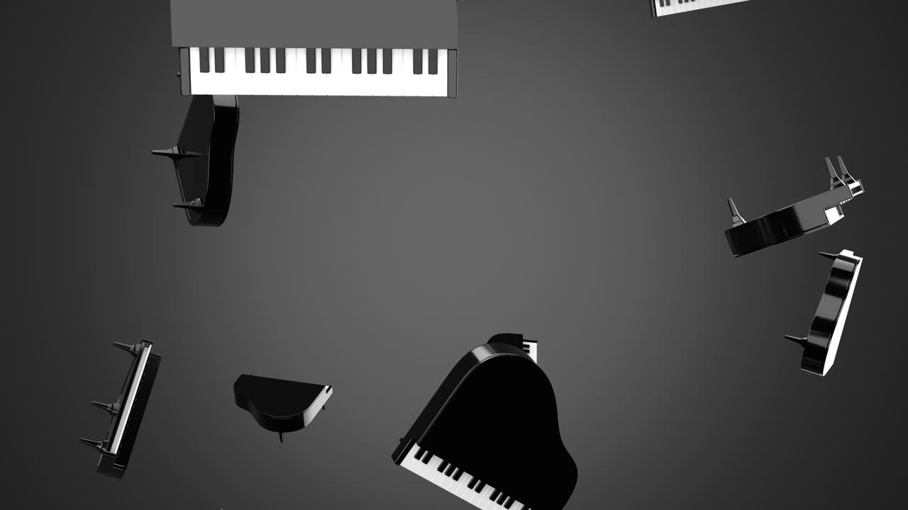 Pianoforti neri che cadono su sfondo grigio.
