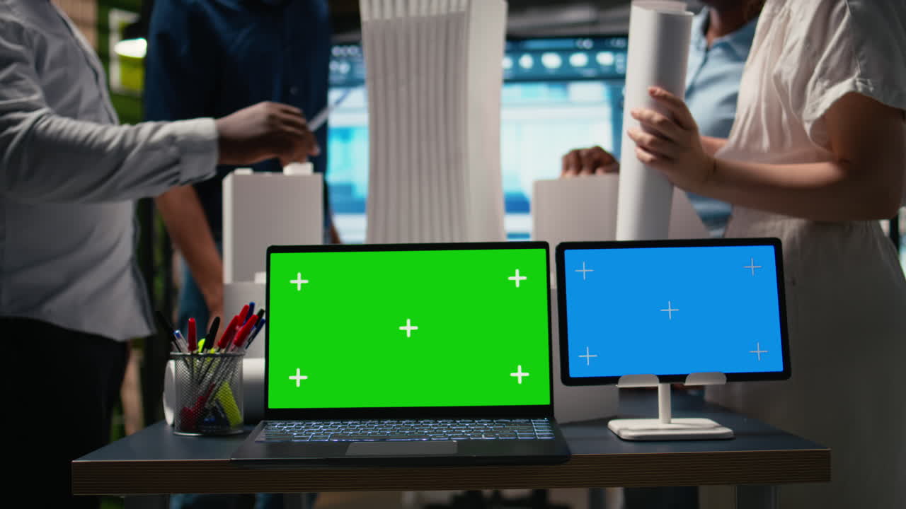 Mockup copy space laptop and tablet in a boardroom office