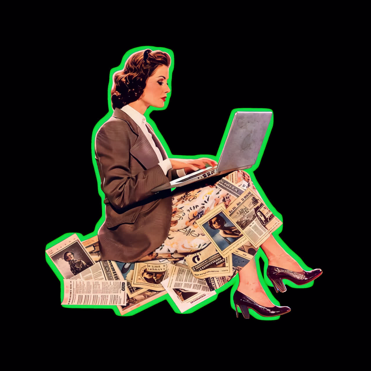 Donna vintage in collage, tecnologia, animazione, risorsa isolata, video 4K trasparente, canale alfa
