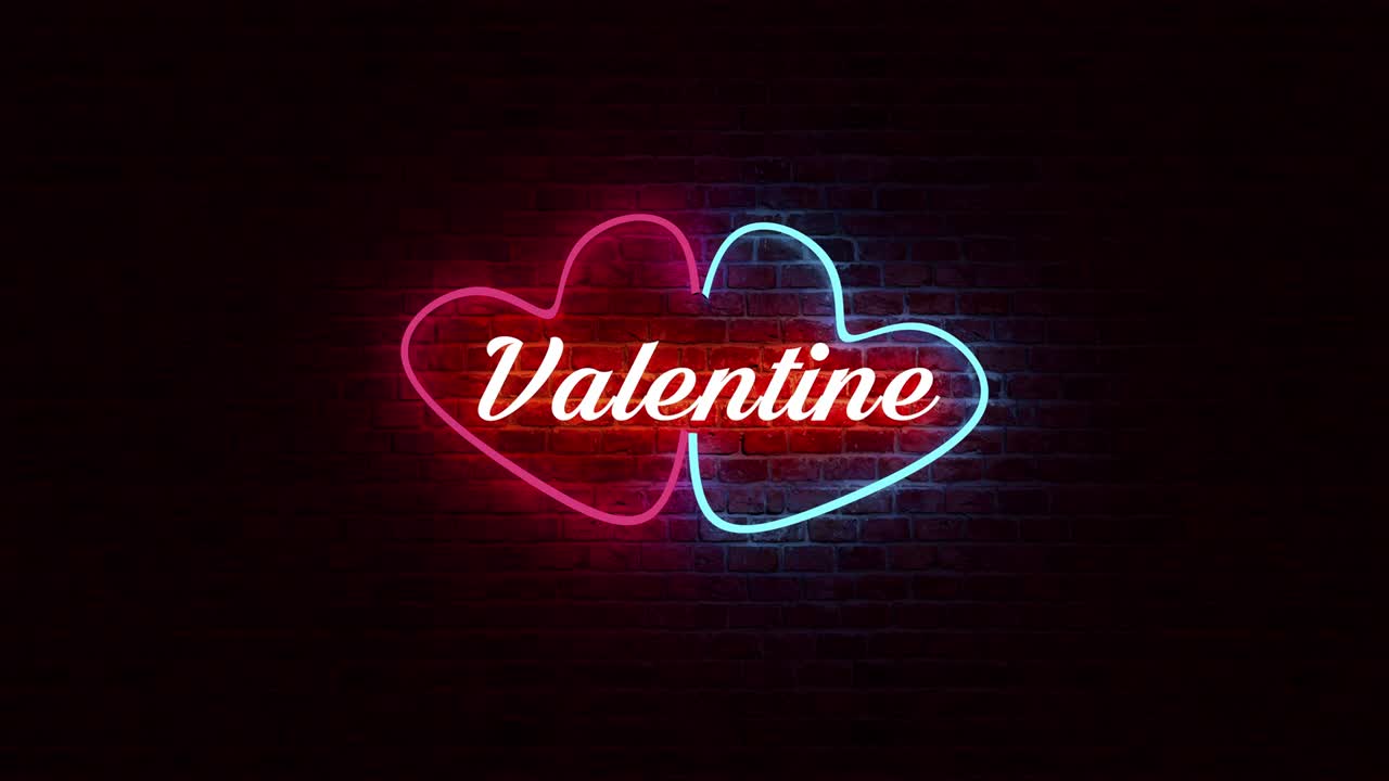 animación de bucle de color neón luz del logotipo del corazón y texto de san valentín en frente de la pared de ladrillo en el fondo con renderización 3d.