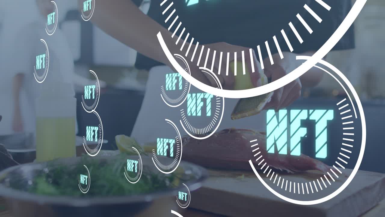 Mid-adult woman zesting lemon over cooking fish causing NFT icons growing, fading, revealing fish