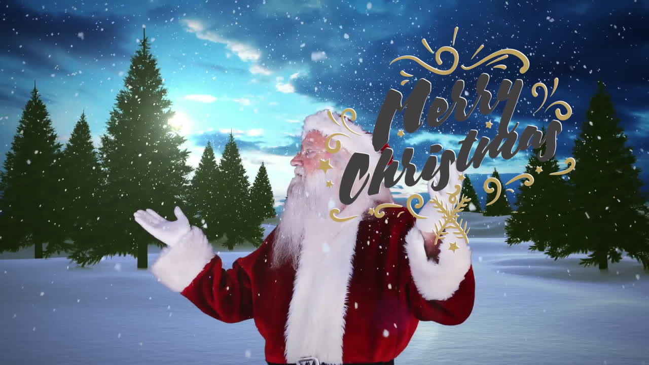 Santa Claus in snowy landscape with festive decorations and Merry Christmas animation