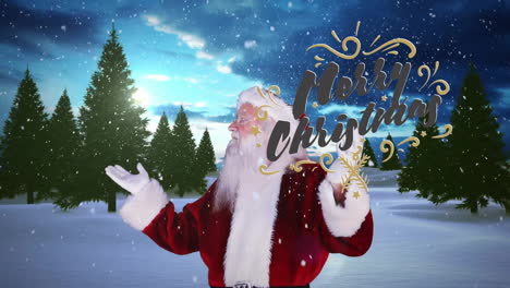 santa claus in snowy landscape with festive decorations and merry christmas animation