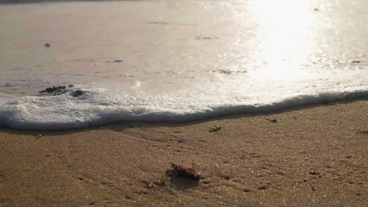 White foam from crashing ocean waves moving across the shoreline, creating dynamic patterns and textures in a lively coastal scene