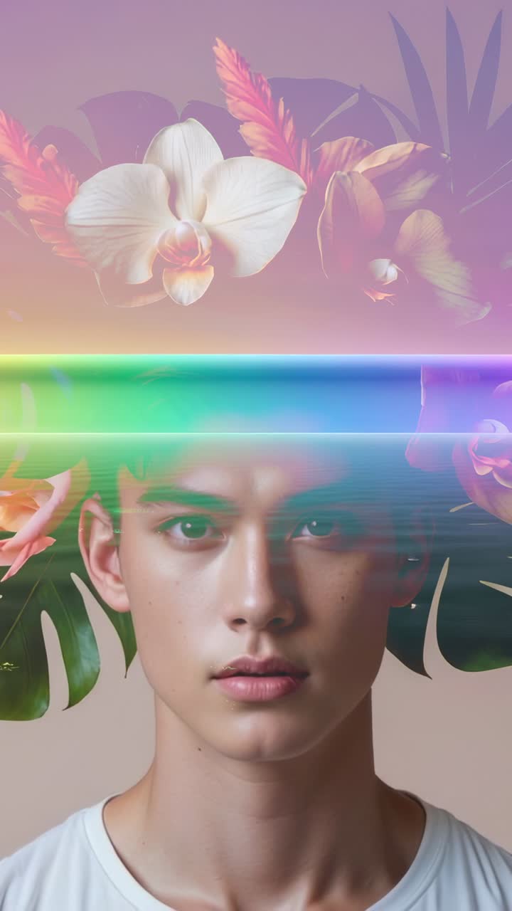 Vertical video: Shifting neon glitch bar revealing face in studio, with orchid leaf graphics