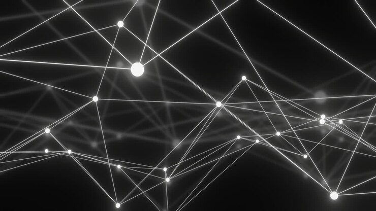 Linee di connessione e nodi luminosi che formano un'animazione di rete su sfondo nero