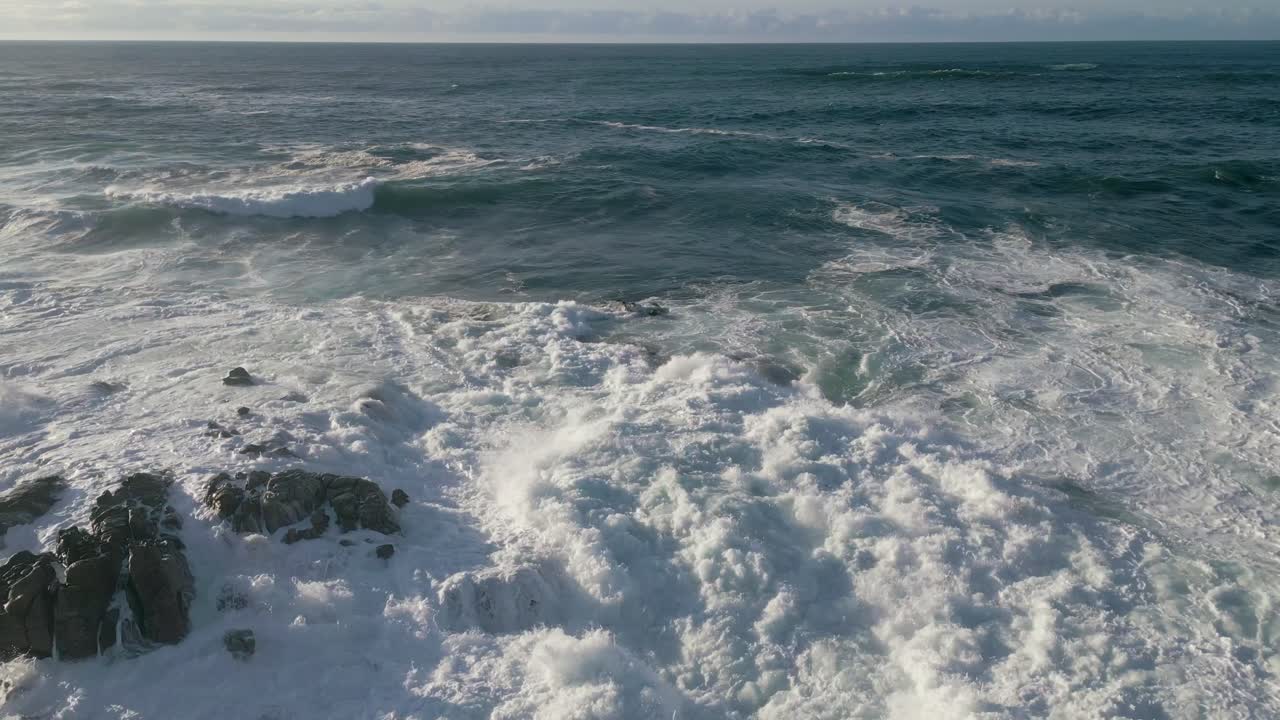 Rough Ocean Waves Rolling In Foamy Surface In Ponteceso, Corme Coruna, Galicia, Spain