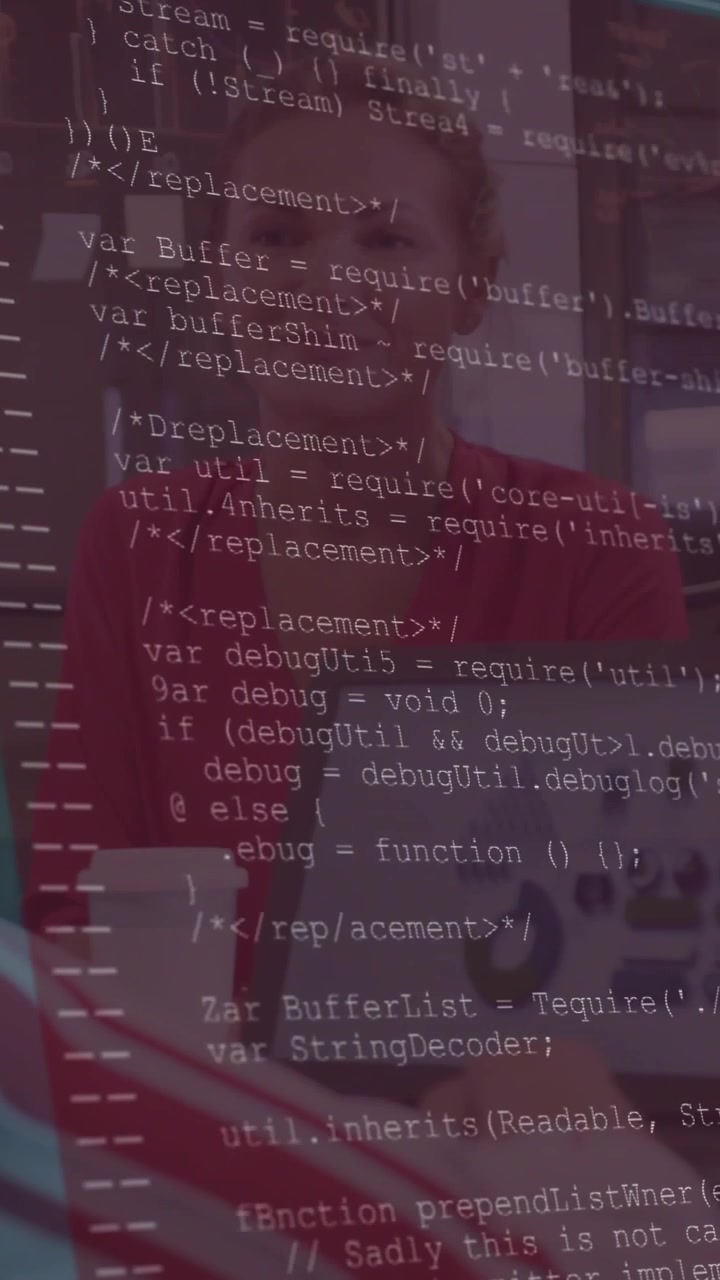 Vertical video: Woman leading laptop charts at meeting, code overlay scrolling and revealing tech