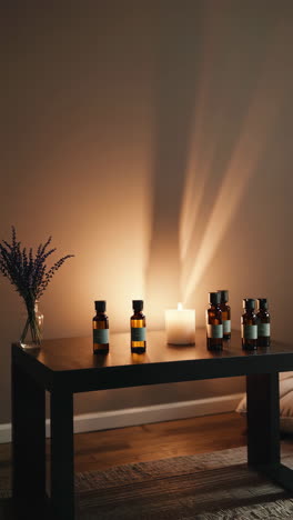 aromatherapy setting with candles and essential oils