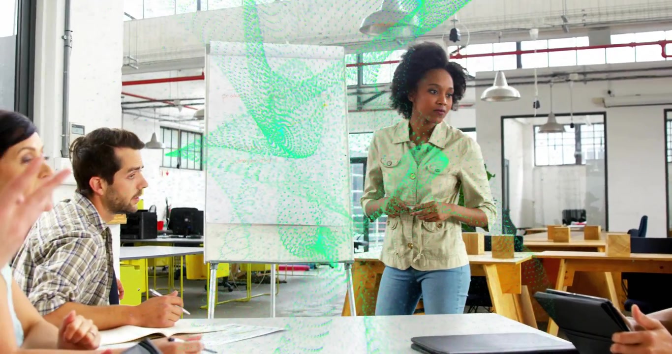 Business Team Collaborating with Augmented Reality Data Visualization in Modern Office