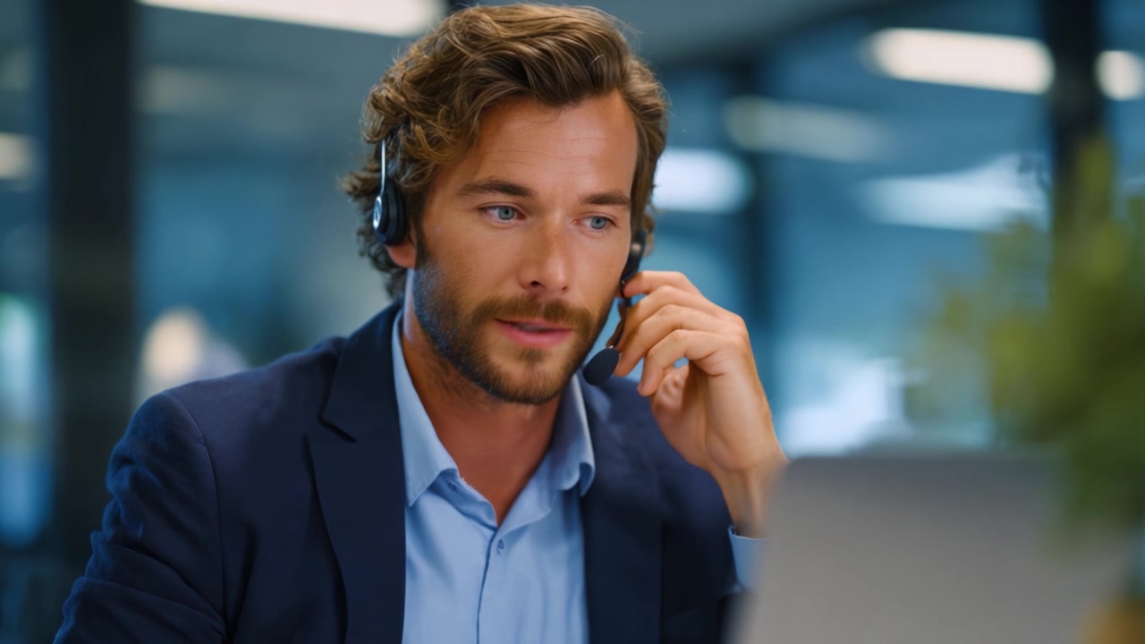 Un uomo professionista impegnato in una conversazione con una cuffia in un moderno ambiente d'ufficio, dimostrando capacità di comunicazione e concentrazione nel suo lavoro.