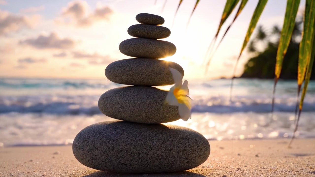 A Serene Stone Stacking on the Beach at Sunset: Harmony in Nature as Gentle Waves Lapping at the Shore Create a Tranquil Atmosphere for Reflection and Relaxation