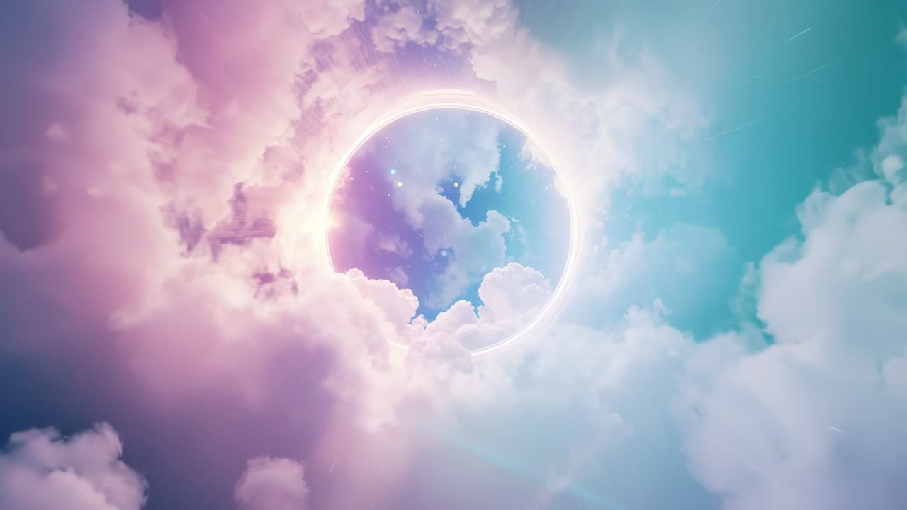 Emerging glowing ring pulsing in cloudscape as multi-layered clouds part revealing blue sky