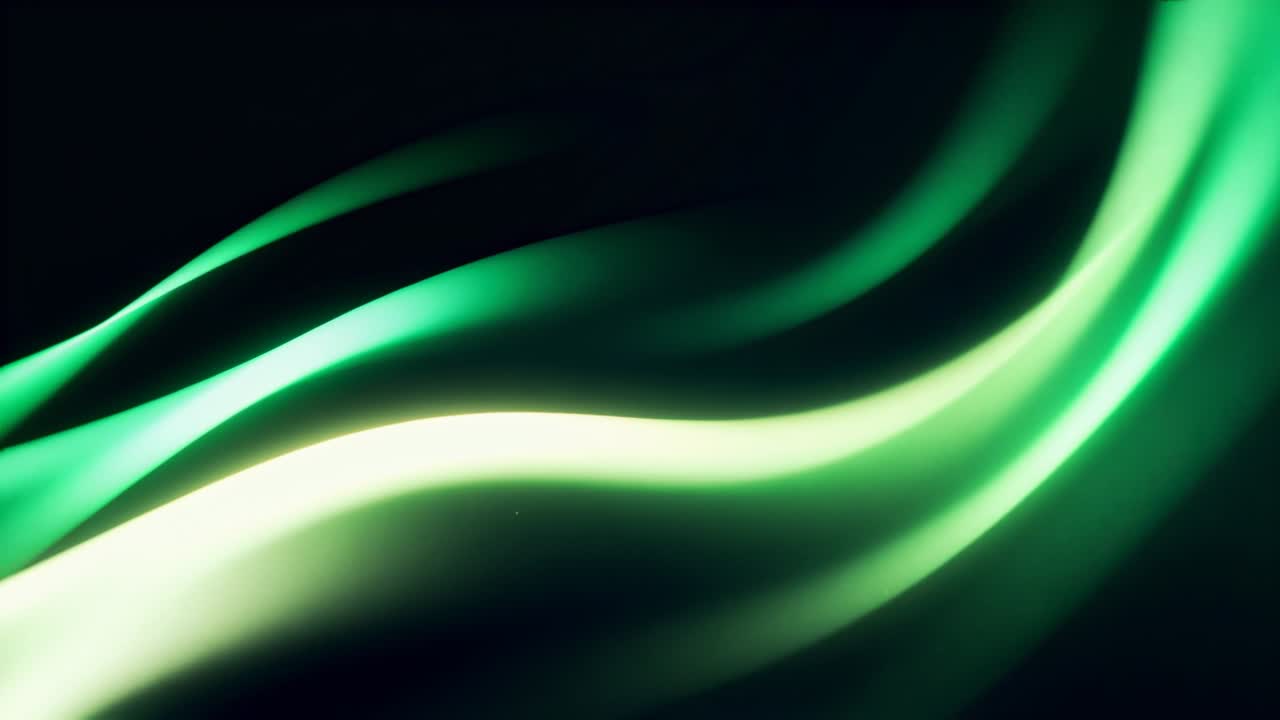 Flowing glowing green ribbons entering left, shifting right over dark void, forming thicker band