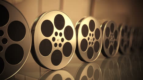 film-rolls rolling constantly from right to left. perfect background in full hd 1080p. film production studio. side view perspective. reflective surface. brownish background. loopable. hd