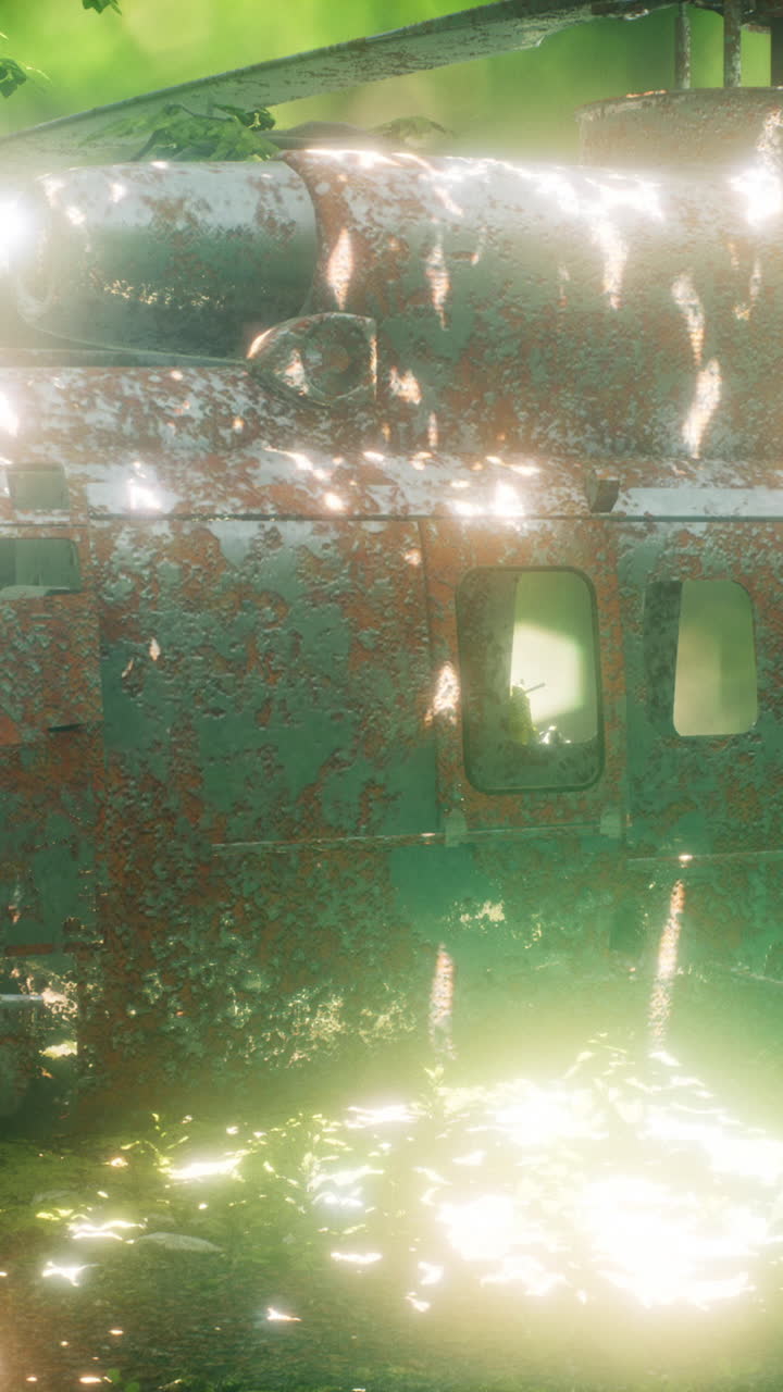 울창한 정글에서 녹은 헬리터 잔해