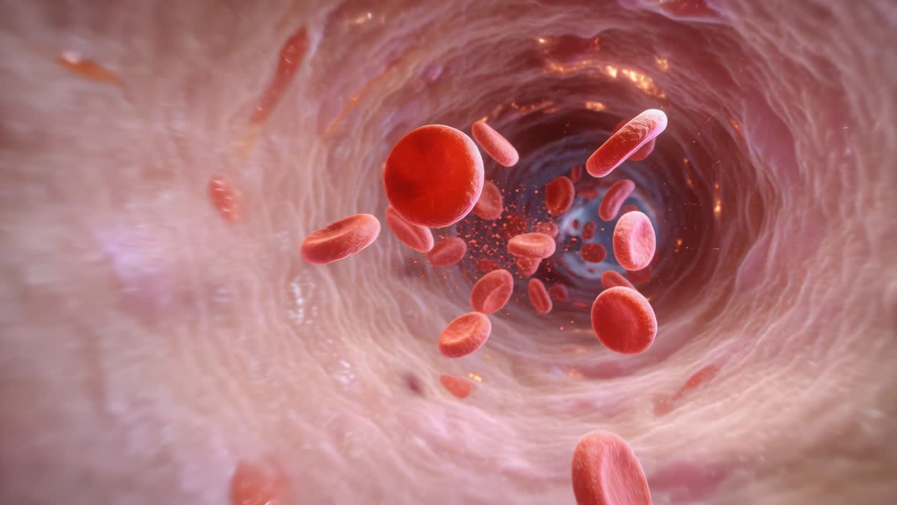 Advancing camera tracking red blood cell cluster drifting through vessel lumen, showing blood flow