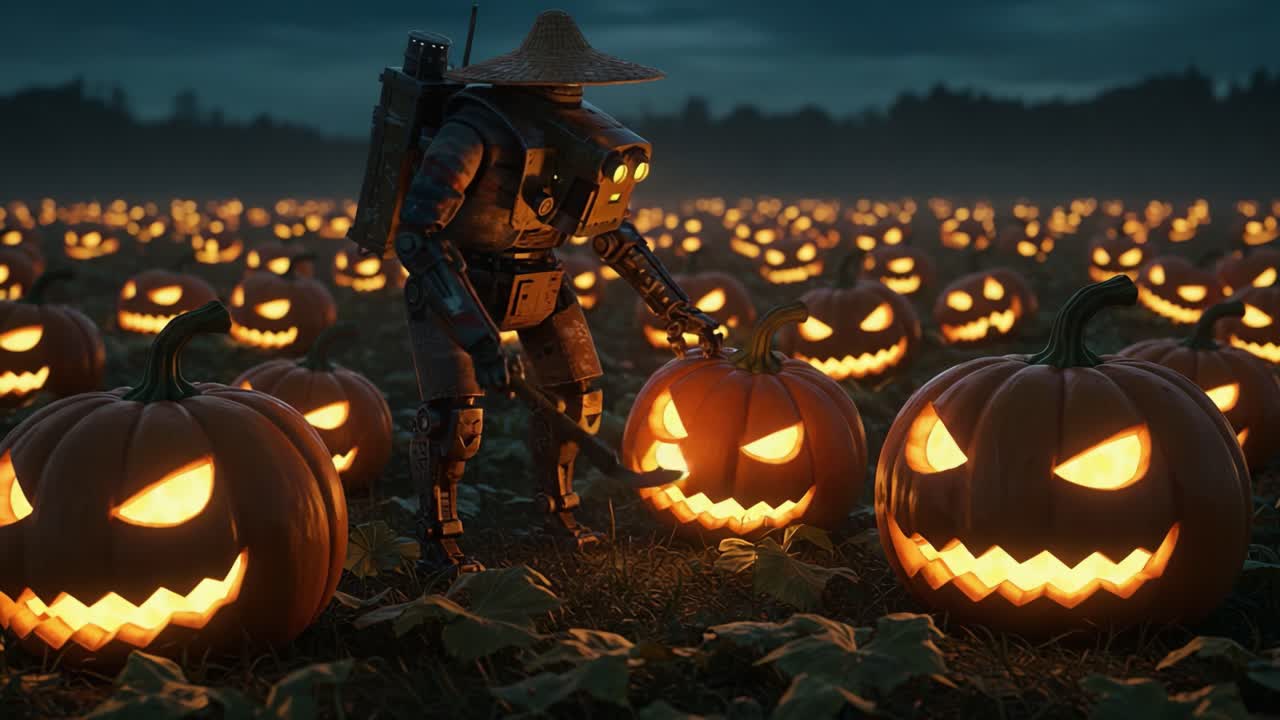 A Curious Robot Gardener Inspects Jack-o'-Lanterns in a Glowing Pumpkin Patch Under a Twilight Sky, Creating an Enigmatic and Spooky Atmosphere for Halloween
