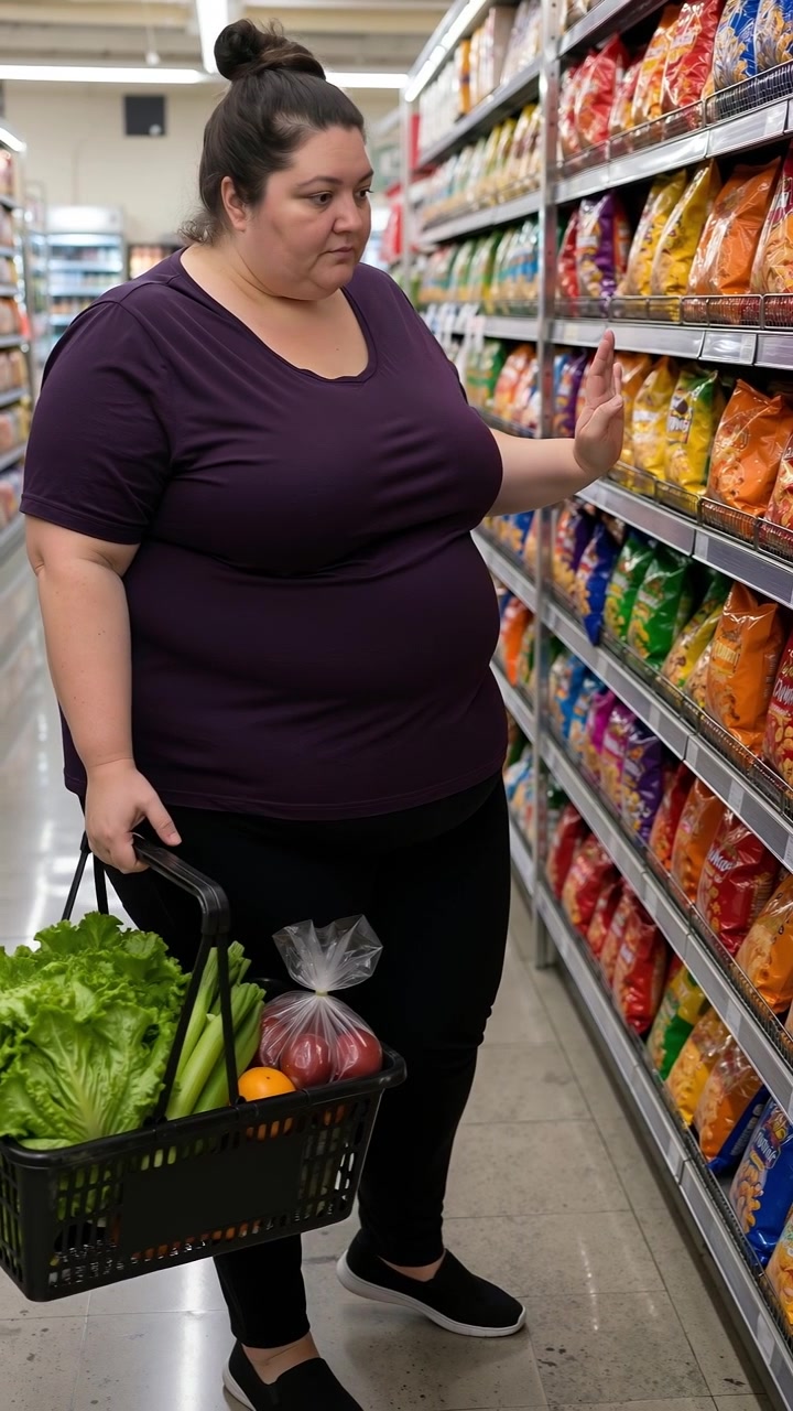 Donna che tiene un cesto di verdure fresche e rifiuta snack poco salutari in un supermercato