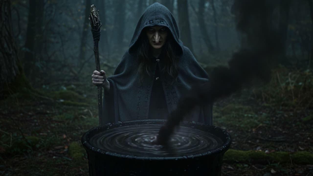 A mysterious figure cloaked in shadows conjures dark magic over a bubbling cauldron, surrounded by an eerie forest ambiance, hinting at an ancient, mystical ritual