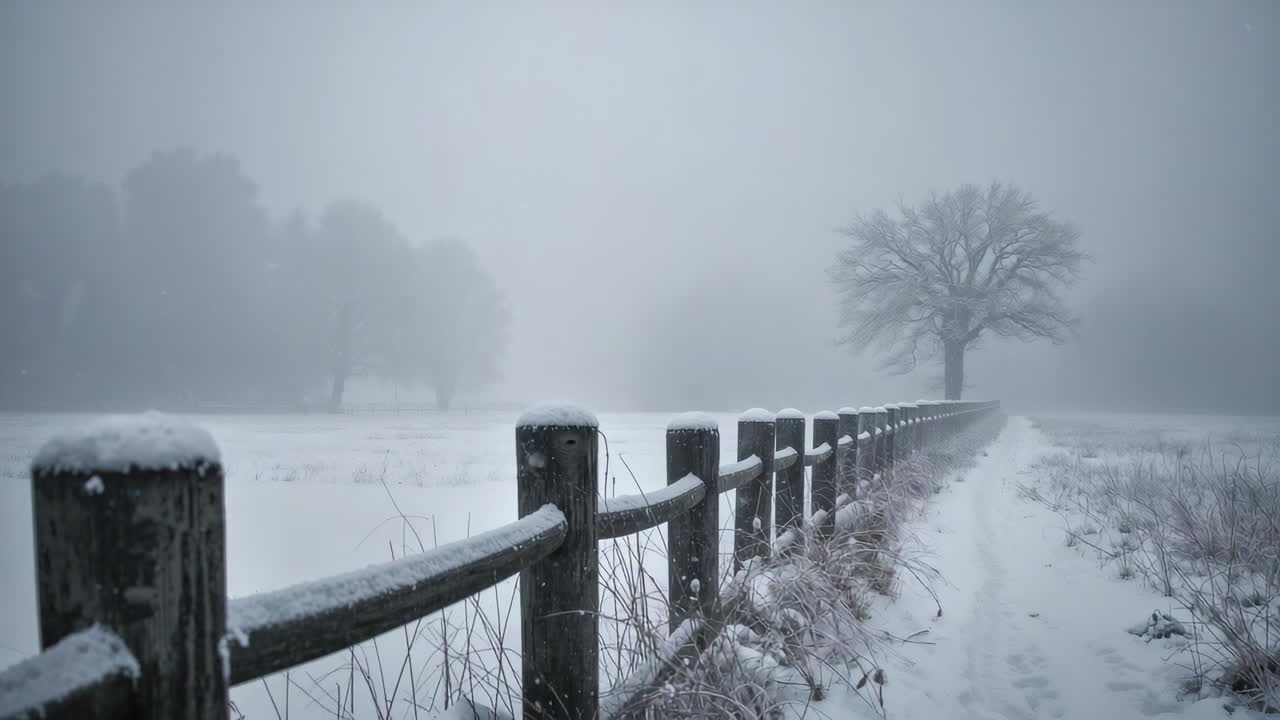 Tracking camera moving along snowy split-rail fence in foggy meadow, leading to bare tree and path