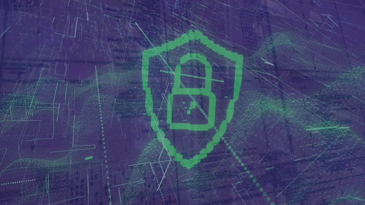 Digital shield icon with binary code and data processing animation in background
