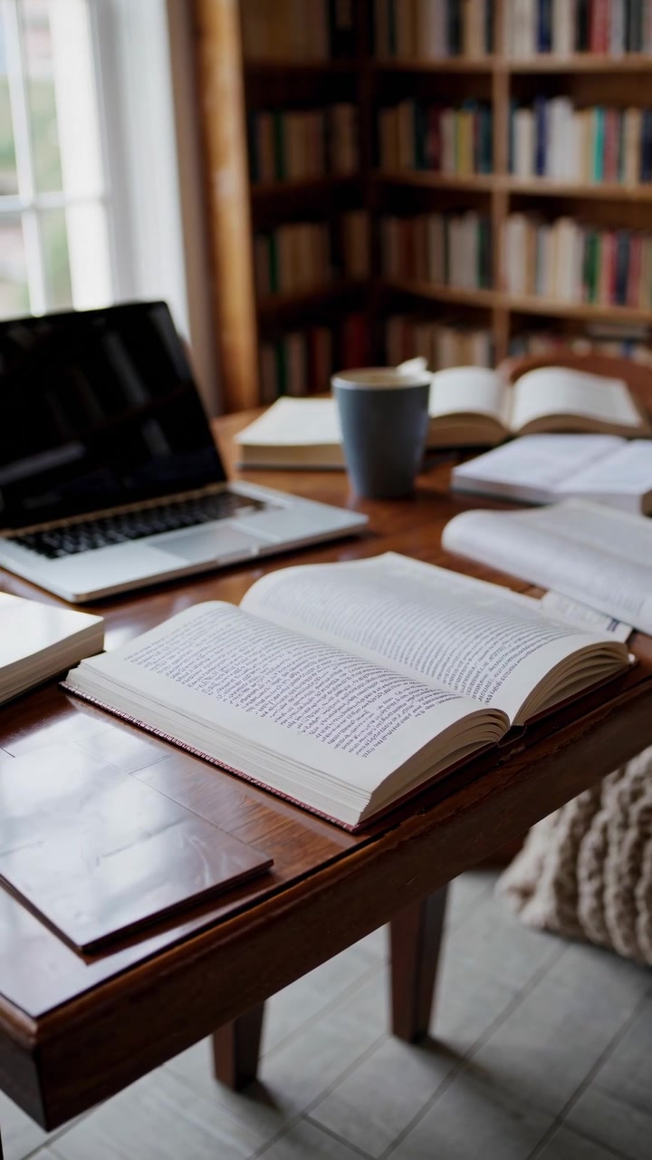 Spazio di lavoro accademico con libri aperti e un laptop in una sala biblioteca