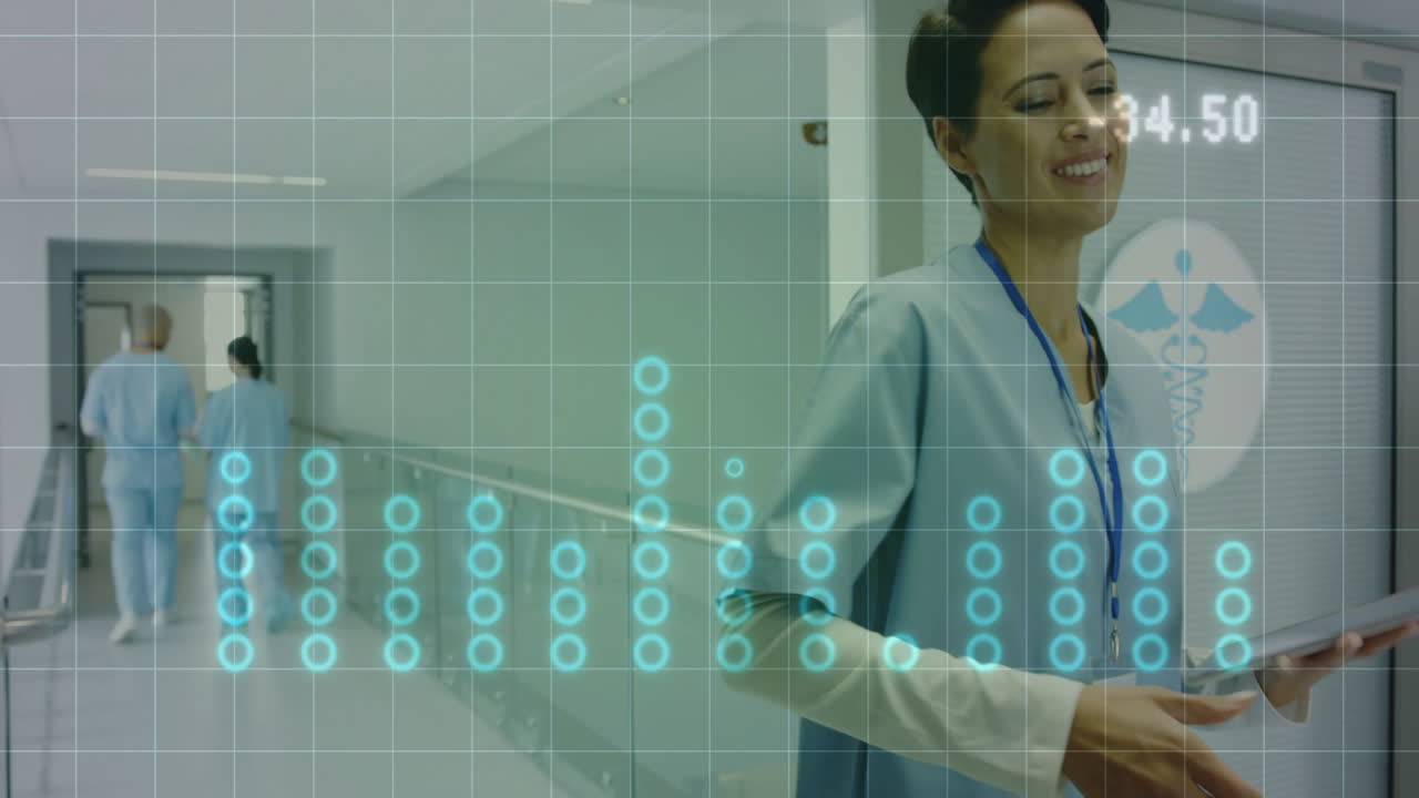 animación de procesamiento de datos digitales sobre una doctora caucásica
